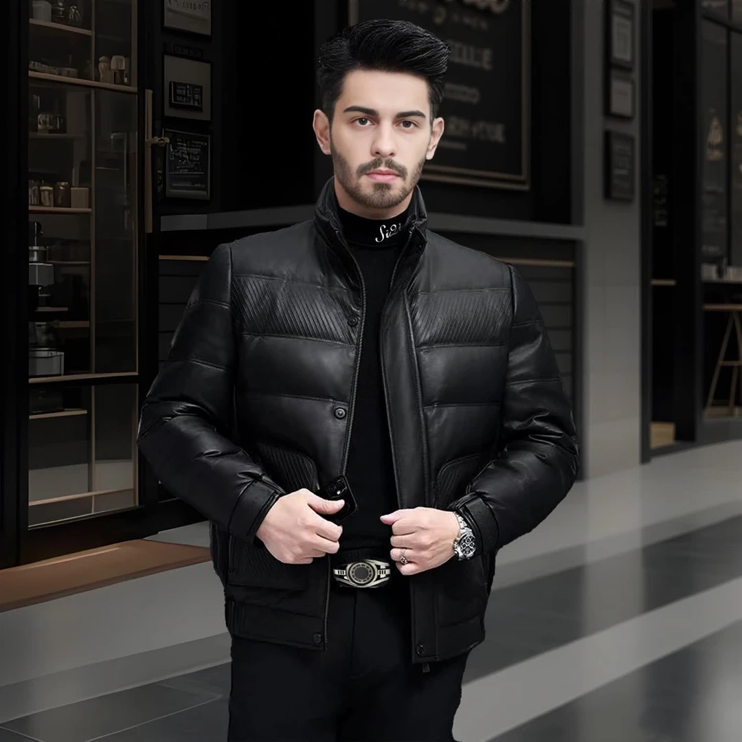 siqi/司启冬季真皮男士绵羊皮夹克短款羽绒服白鸭绒加绒加厚外套