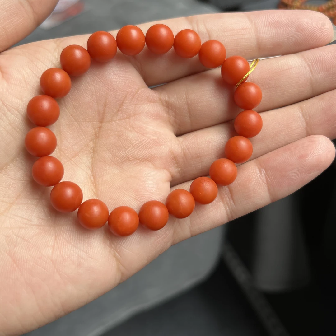 精品南红保山满肉满色柿子红卡9+圆珠单圈手串22.3克