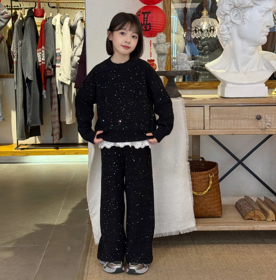 2025新年款中大童针织毛衣套装满天星亮片针织衫宽松阔腿裤两件套