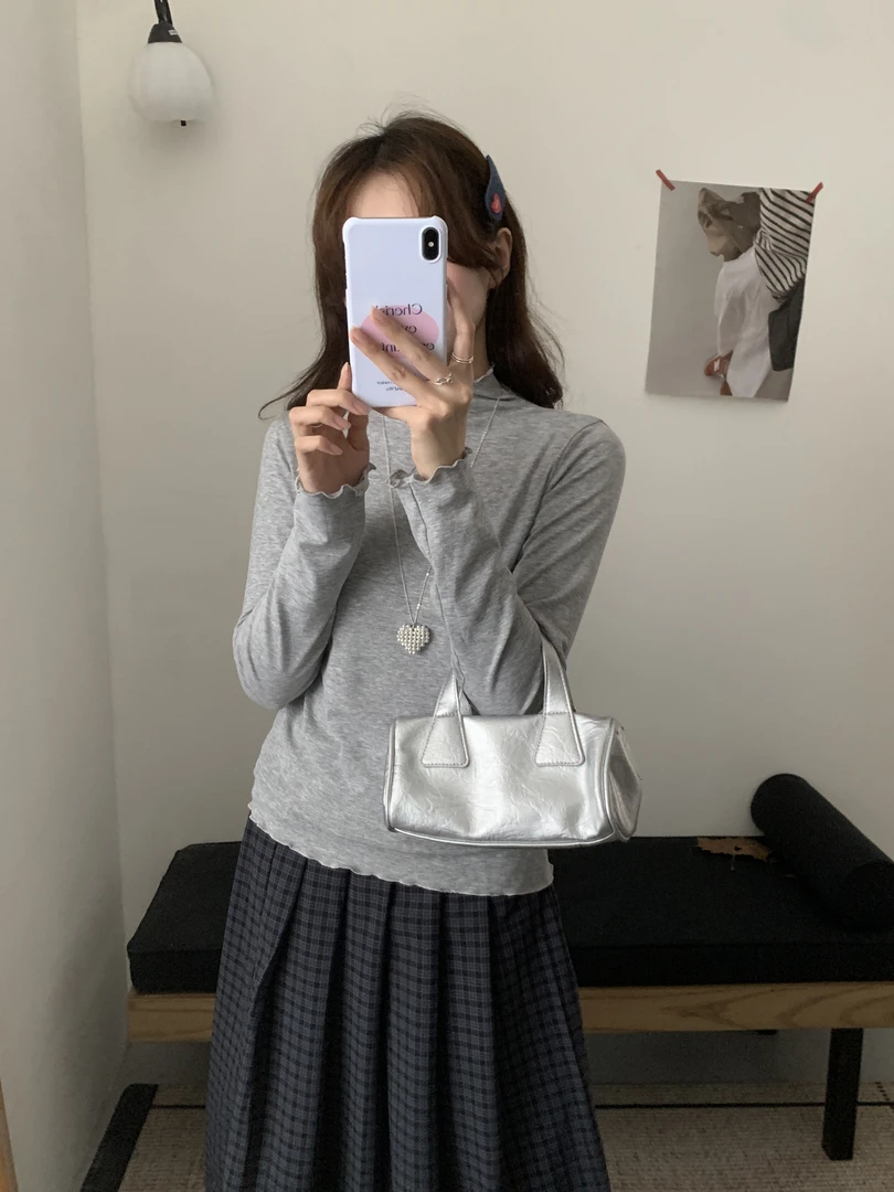 韩系软糯温柔感木耳边亲肤贴身内搭长袖打底衫女纯色百搭叠穿上衣