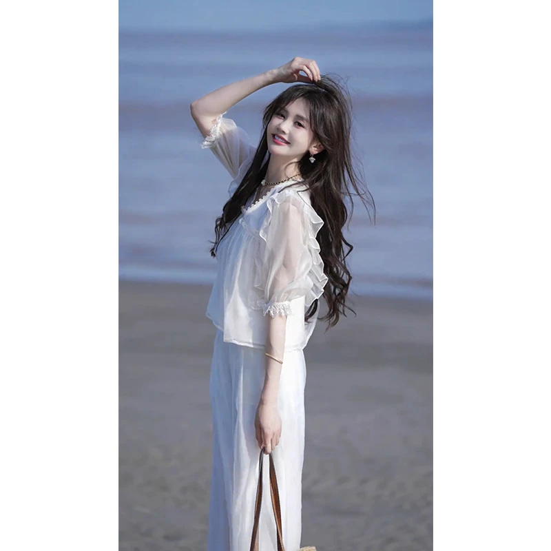 夏季新款白月光仙气减龄上衣搭配时尚阔腿裤显瘦设计感气质套装