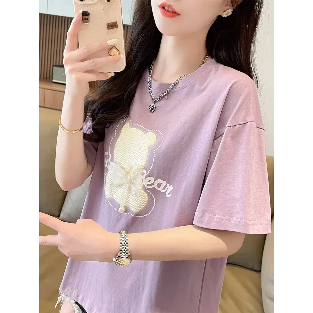 设计感小众短袖夏季2024新款圆领宽松大码半袖蝴蝶结上衣睡衣