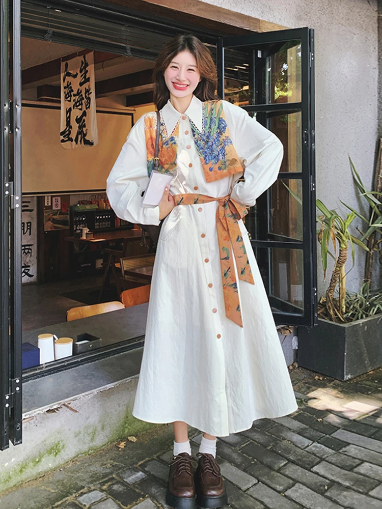 新中式国风印花拼接衬衫连衣裙女秋2025新款独特漂亮法式收腰长裙