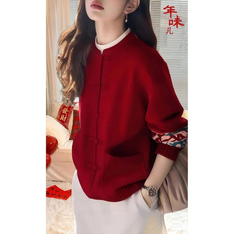奥特莱斯新红色加厚毛衣外套女秋冬大码胖mm圣诞新年半高领春秋衫