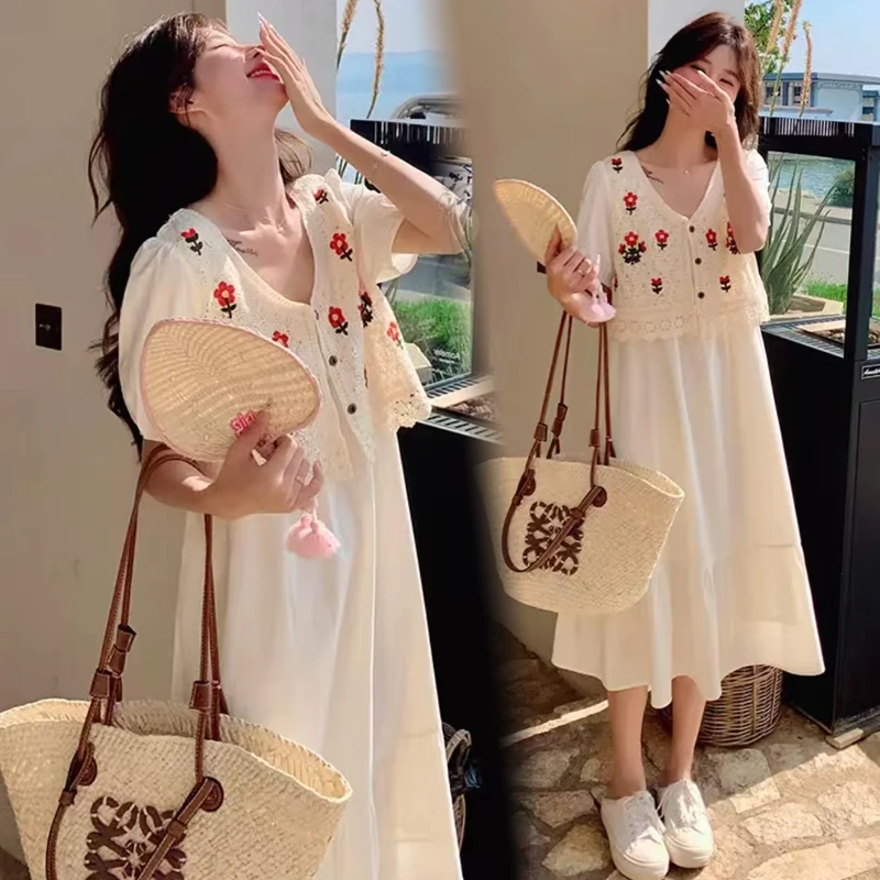 孕妇装夏装2025新款时尚清新显瘦钩花马甲假两件孕妇韩版连衣裙