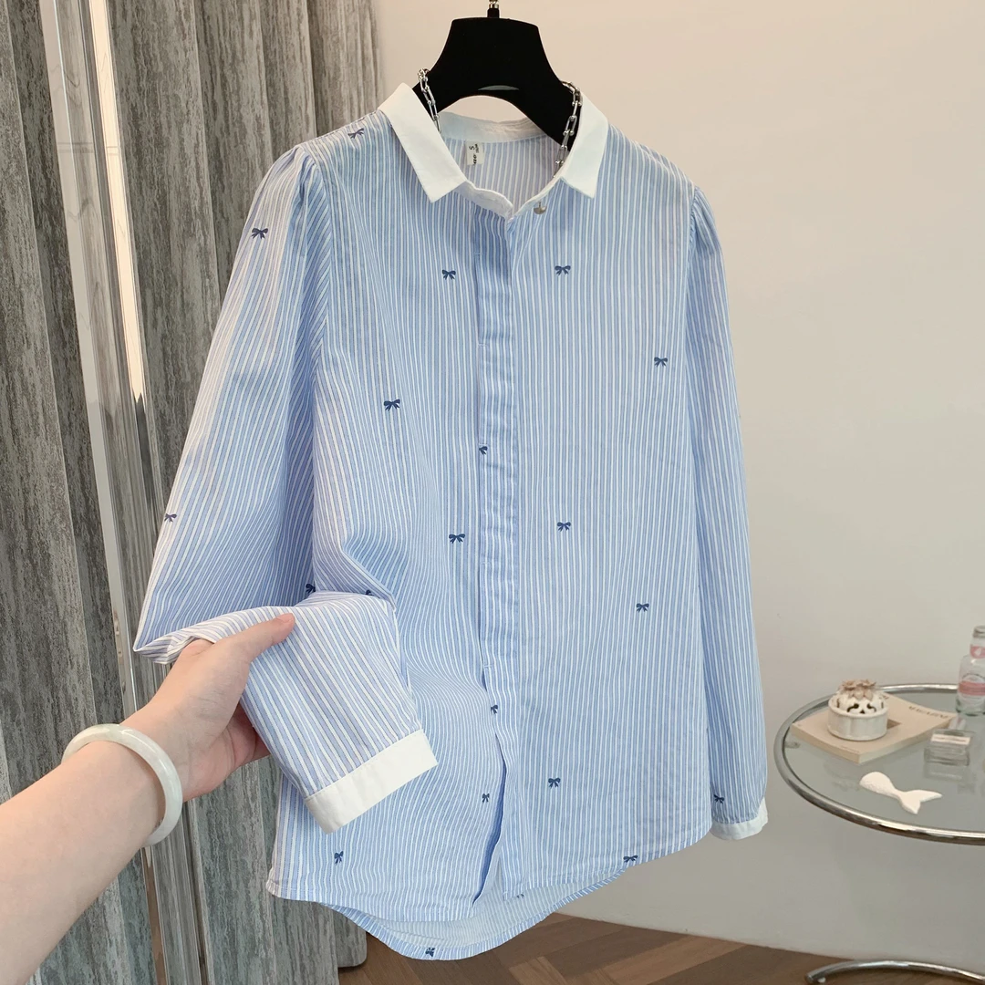 【全额运费补贴】蓝白条纹长袖女士衬衫清新减龄休闲百搭纯棉亲肤