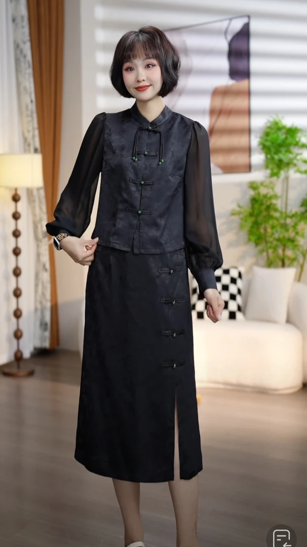 T013春夏新款长袖暗花立领盘扣小衫开叉半裙两件套套装DM7