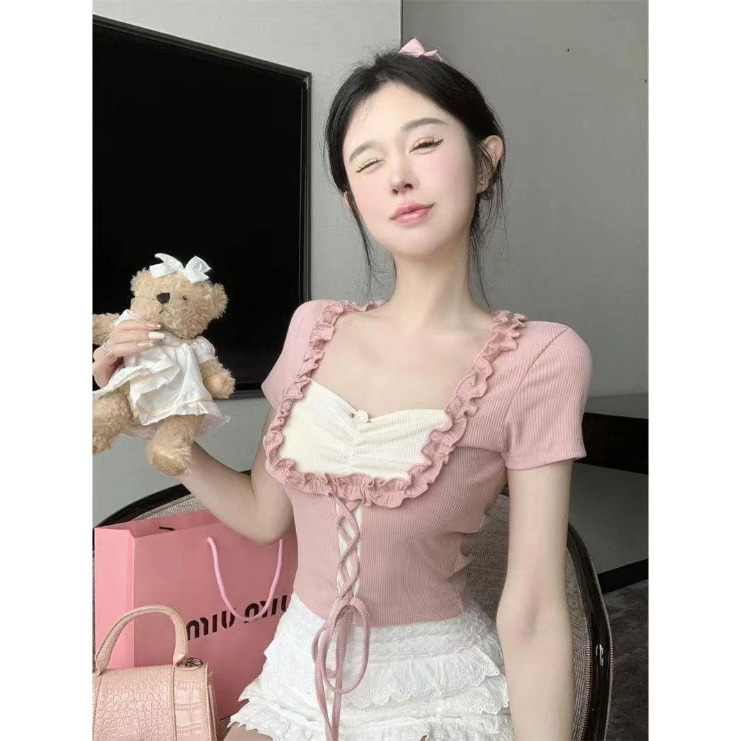 胖鑫家清纯可爱辣妹拼接少女花边短款T恤纯欲风系带方领上衣3120