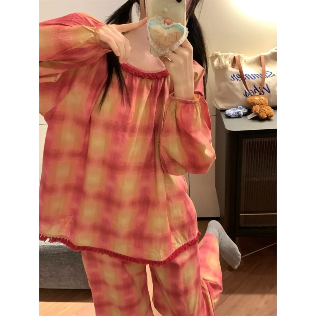 新款霜红色扎染女春秋纯棉甜美风高级家居服格子慵懒风套装可外穿