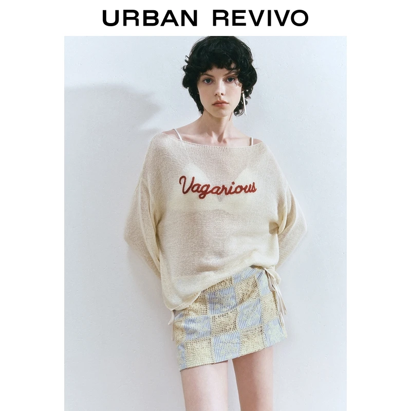 UR2025夏季新款女装慵懒休闲一字领字母长袖针织衫UYL950079