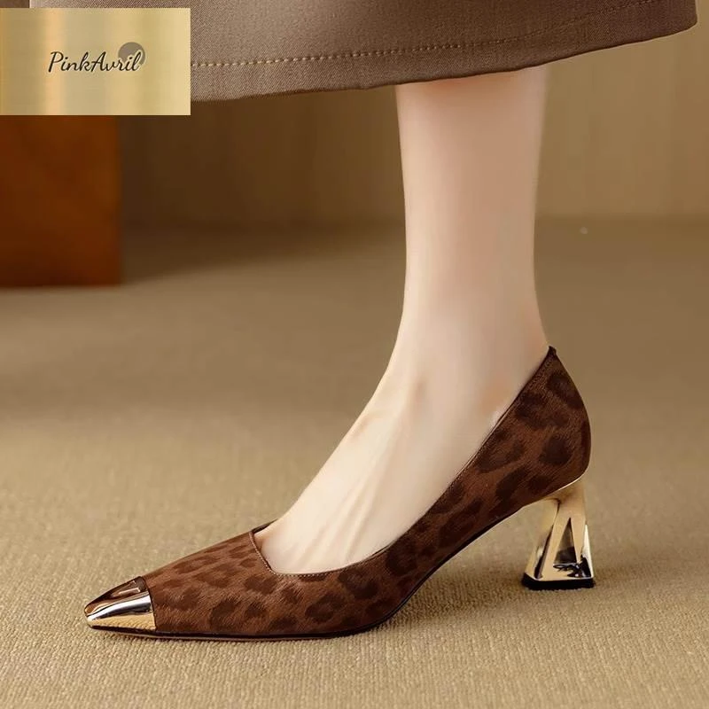PinkAvril法式气质高跟鞋女粗跟2025春秋新款浅口单鞋小香风豹纹