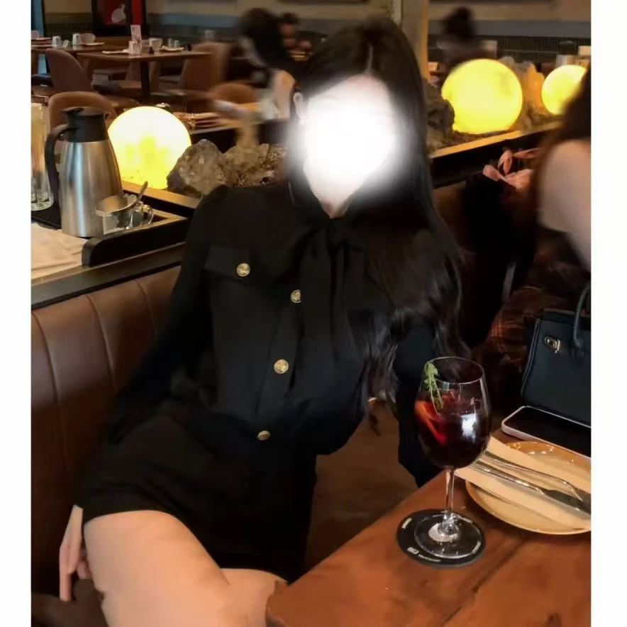 胖鹅张~气质御姐小香风系带长袖衬衫+短裤套装#6361