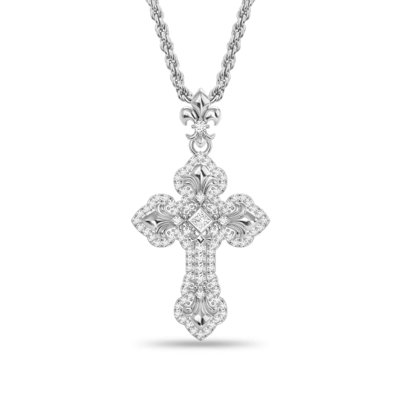 APORRO 铜合金锆石吊坠 32mm鸢尾花围镶十字架 情侣坠链轻奢质感