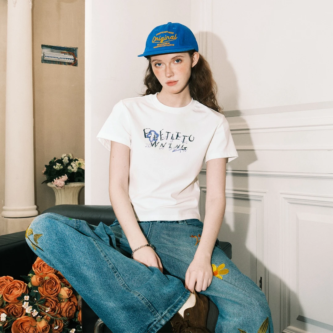 BEETLE TOWN短款修身印花短袖T恤女夏美式涂鸦设计显瘦辣妹上衣潮