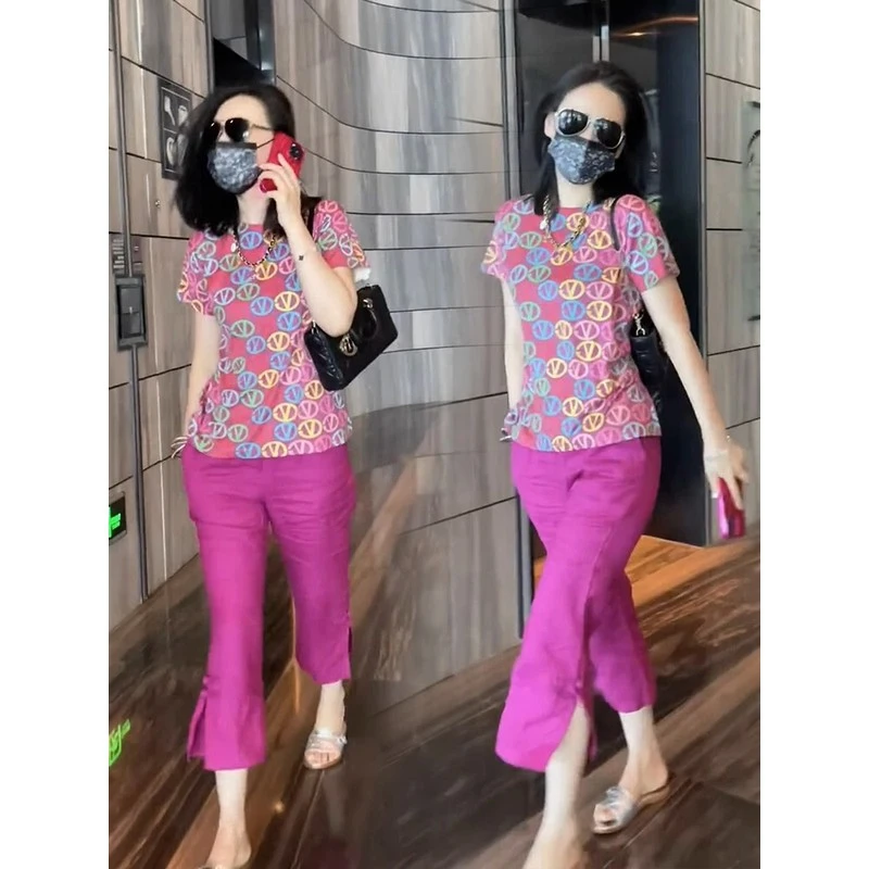 套装女2025夏季新款宽松薄款圆领短袖上衣九分休闲裤时尚两件套潮