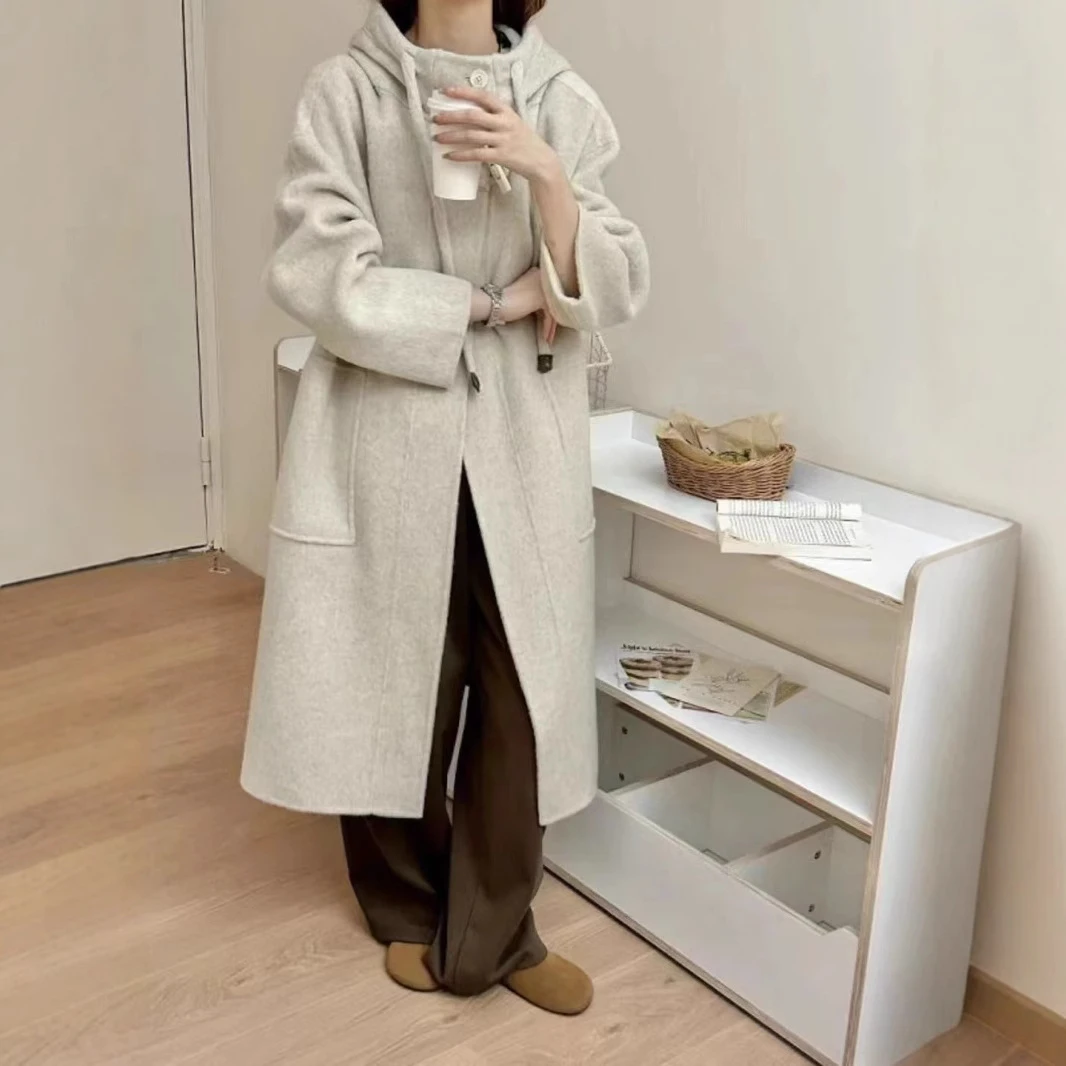简礼秋冬新款双面羊毛大衣女加长款慵懒风韩版宽松双面呢连帽外套