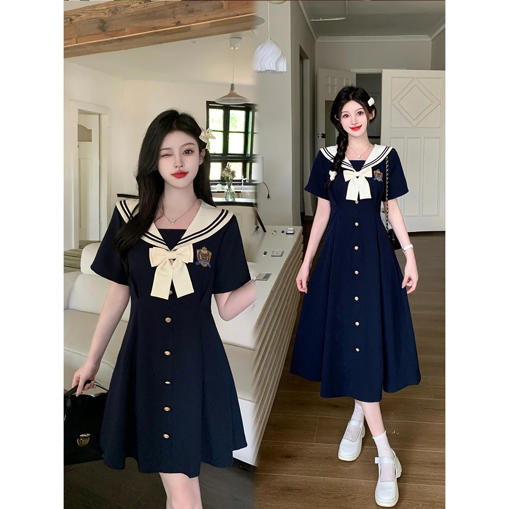 大码夏季微胖海军领连衣裙刺绣减龄显瘦胖mmA字连衣裙