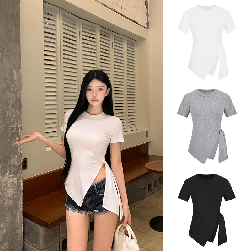 Moses Queen/魔西女王设计感掐腰系带短袖T恤修身显瘦正肩上衣