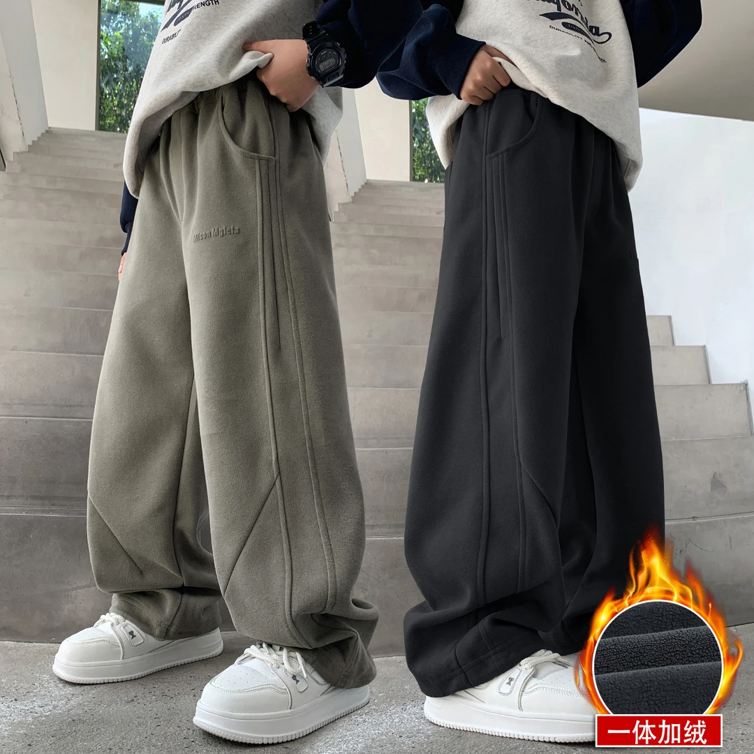 男童加绒运动卫裤冬款2025新款儿童宽松直筒长裤中大童男孩阔腿裤