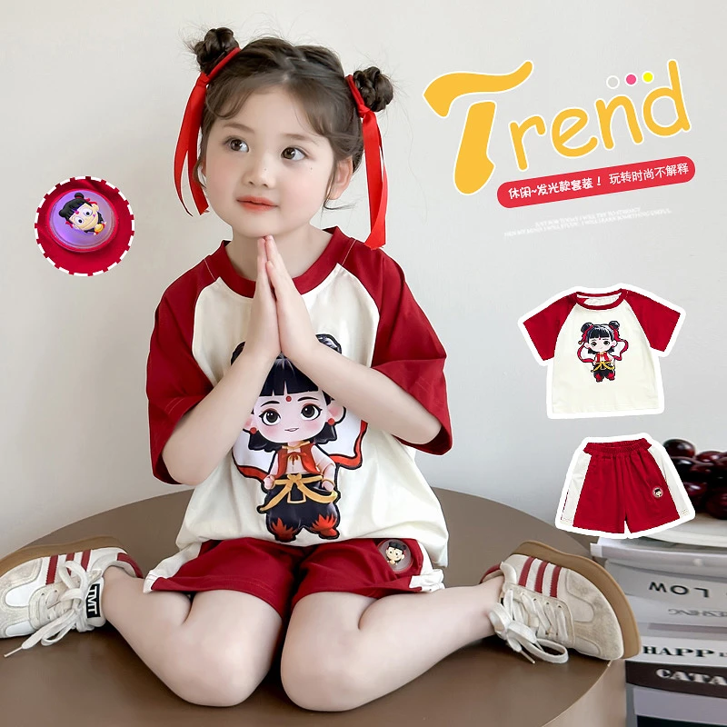 洋气哪吒衣服女孩棉质透气薄款短袖运动俩件套中小童儿童短裤套装