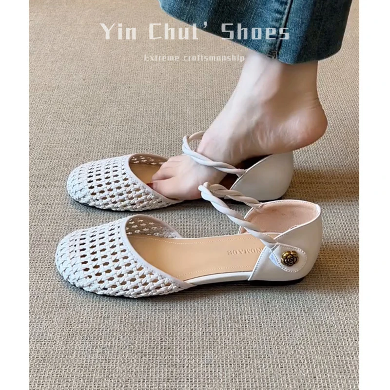 【现货秒发】编织镂空包头凉鞋女夏绝美透气平底单鞋法式玛丽珍鞋
