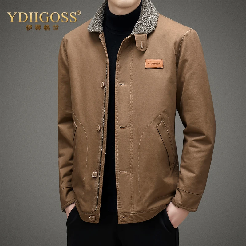 YDIIGOSS纯棉夹克中年男士秋冬款毛领工装外套冬季棉衣加绒加厚