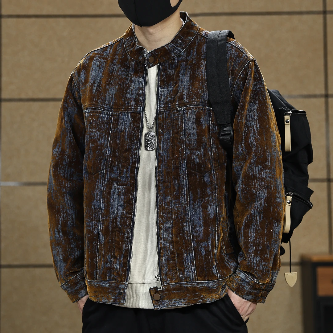 美式复古休闲立领牛仔外套男春秋款男士夹克潮流扎染上衣宽松大码