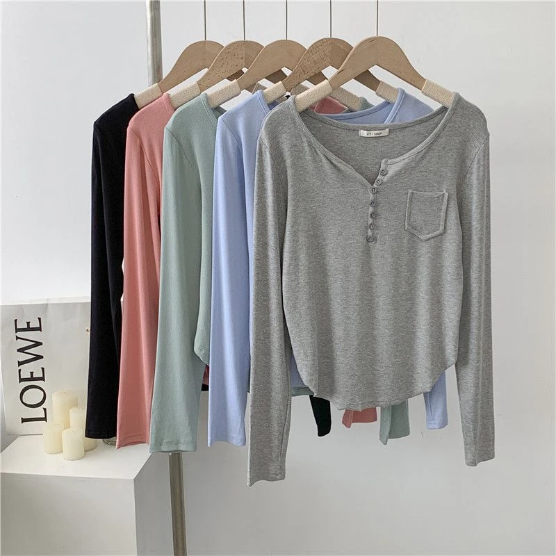 时尚显瘦V领T恤女上衣韩版春季新款休闲纯色长袖简约薄款打底衫潮