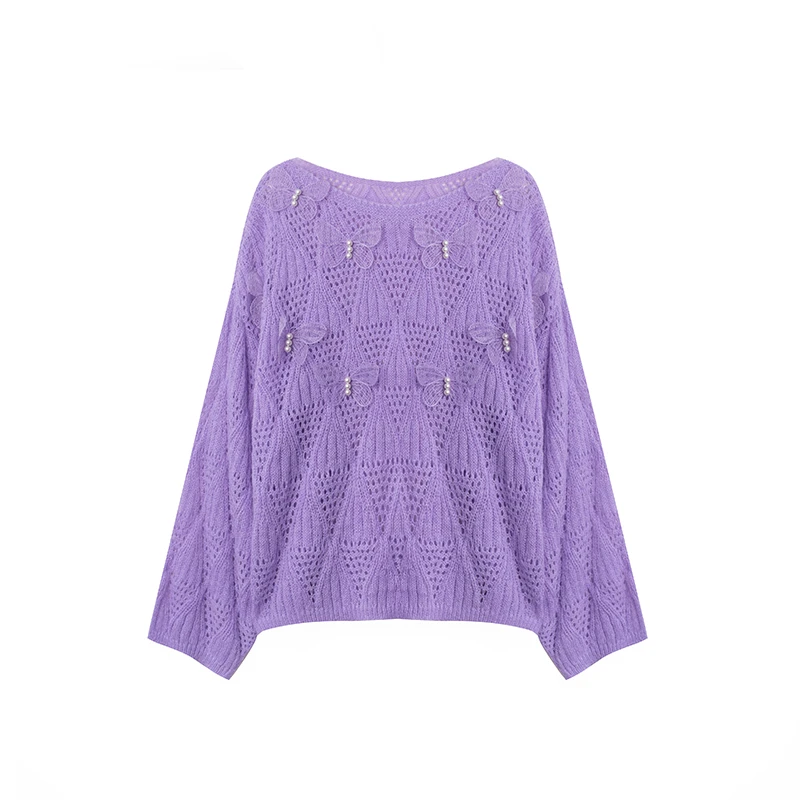 【蝴蝶飞飞】圆领镂空立体珍珠蝴蝶重工百搭针织衫A2966