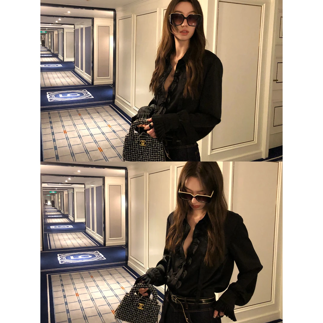 ZHAIAIAIA【午夜情书】法式设计感时尚小众黑色花边衬衫C40705GK61