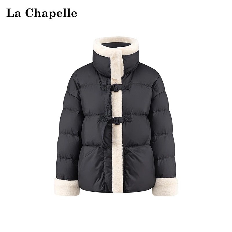 拉夏贝尔保暖加厚冬季款立领毛毛拼接小众设计感短款羽绒服外套