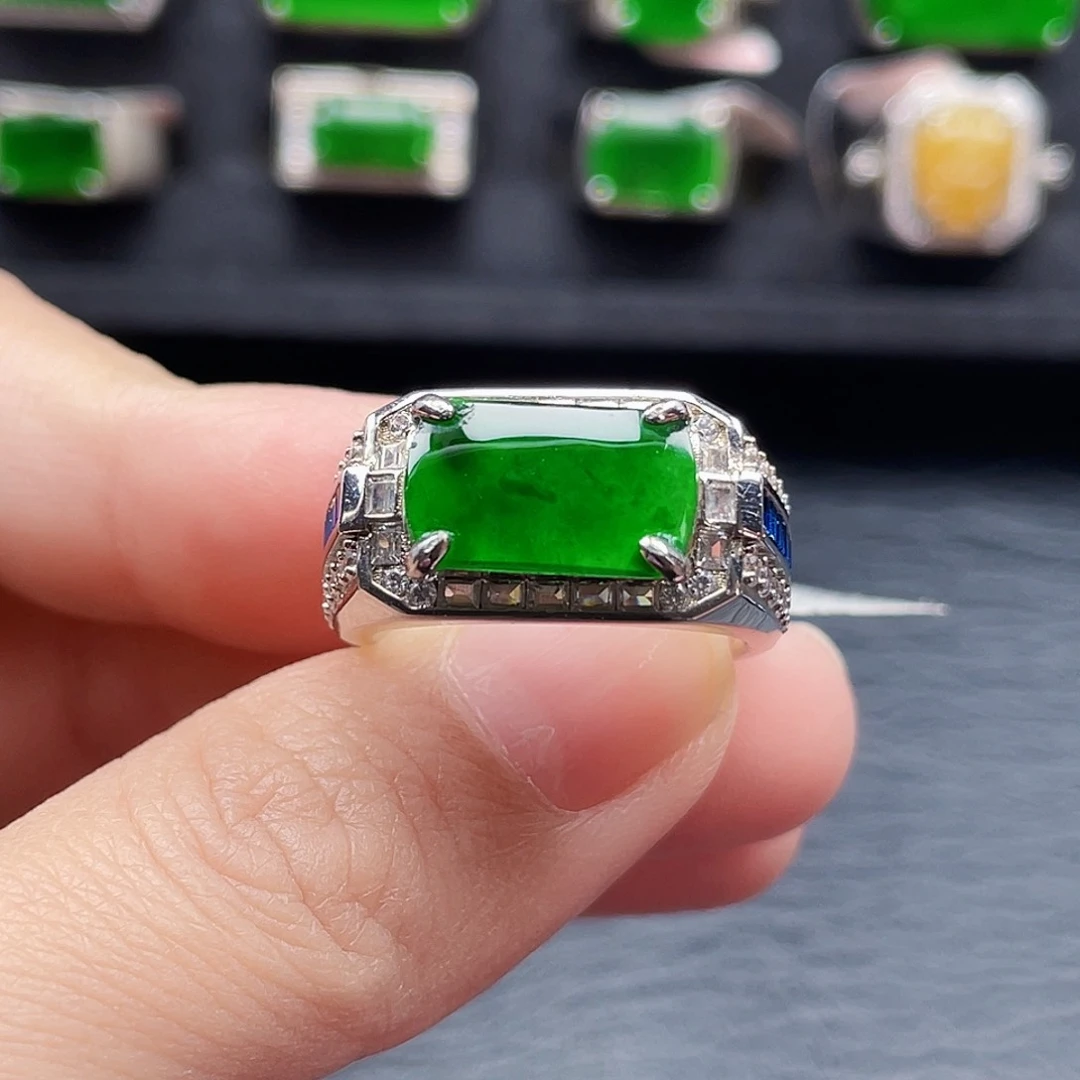 翡翠戒指银S925镶嵌天然a货翡翠2210