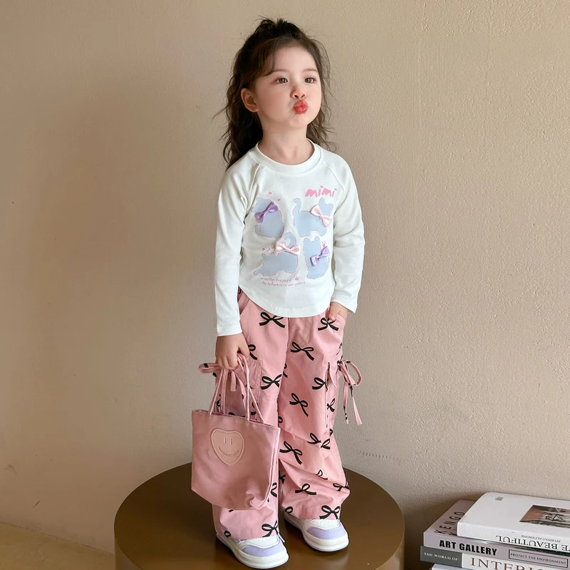女童猫咪蝴蝶结工装裤套装春秋款2025年新款时尚小女孩运动两件套