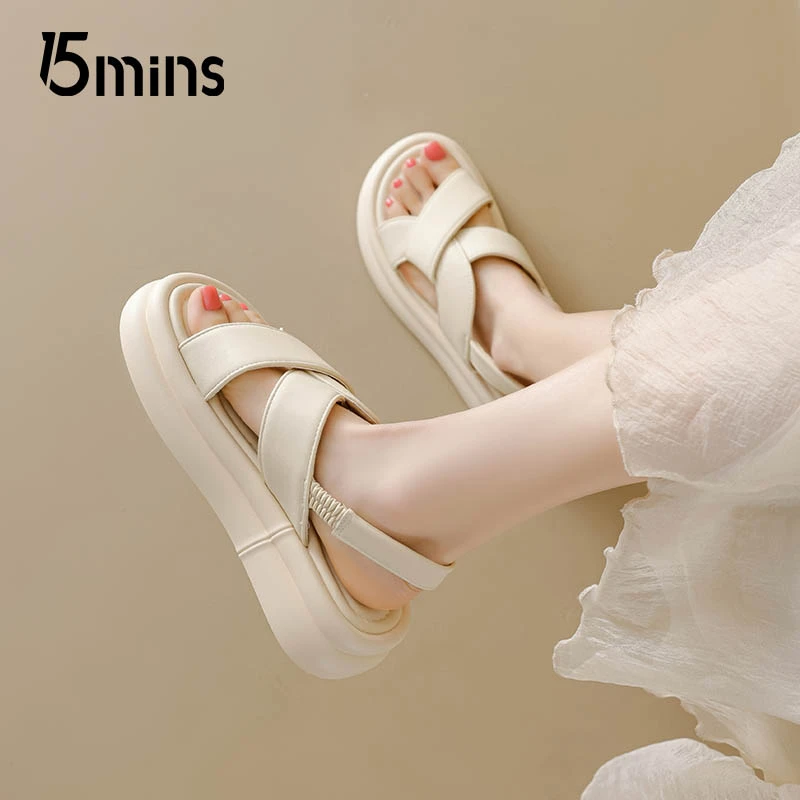 15MINS凉鞋女夏季2025新款厚底女鞋软底增高平底鞋女舒适休闲鞋女