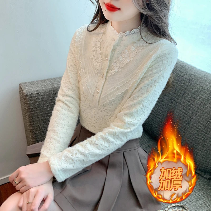 法式半高领加绒蕾丝衬衫女士秋冬2025新款洋气打底衫气质长袖上衣