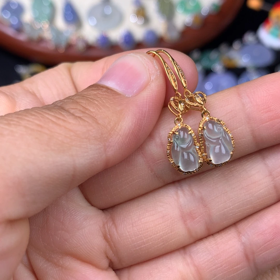 翡翠耳饰18K金镶嵌兔子耳勾