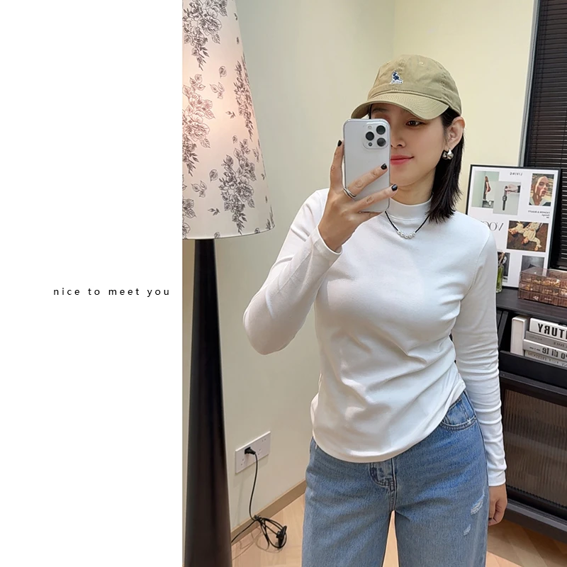 白色小立领打底衫春秋款女装秋季新品修身长袖纯色内搭抗起球T恤