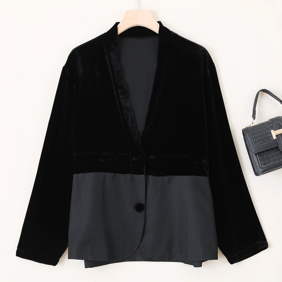 真丝绒V领丝绒拼接香云纱外套女宽松显瘦气质西装复古高级C11062