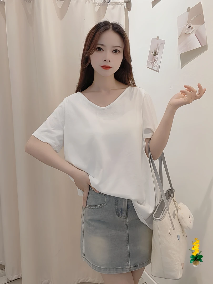 v领短袖T恤 白色宽松简约时尚休闲夏季纯色