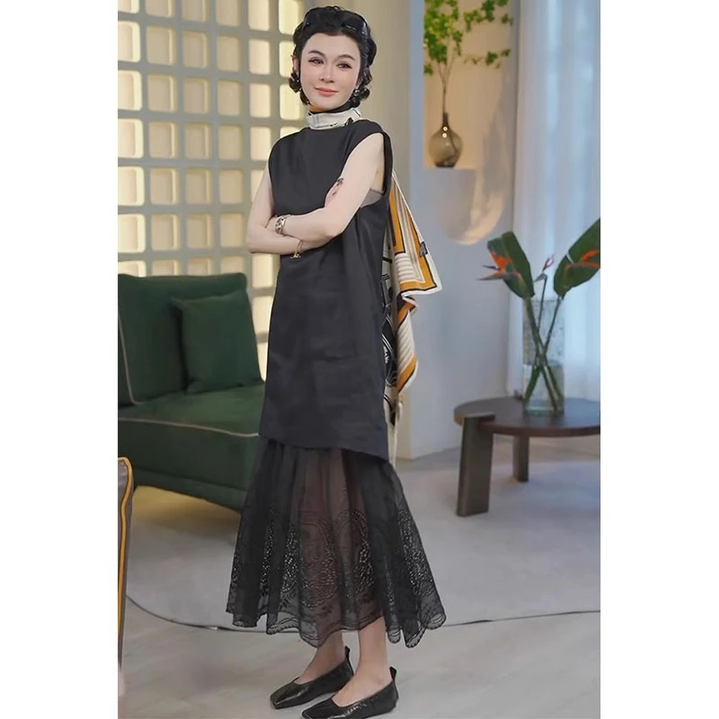 设计感小众拼接蕾丝显瘦无袖麻裙2025夏季新款洋气休闲纯色长裙