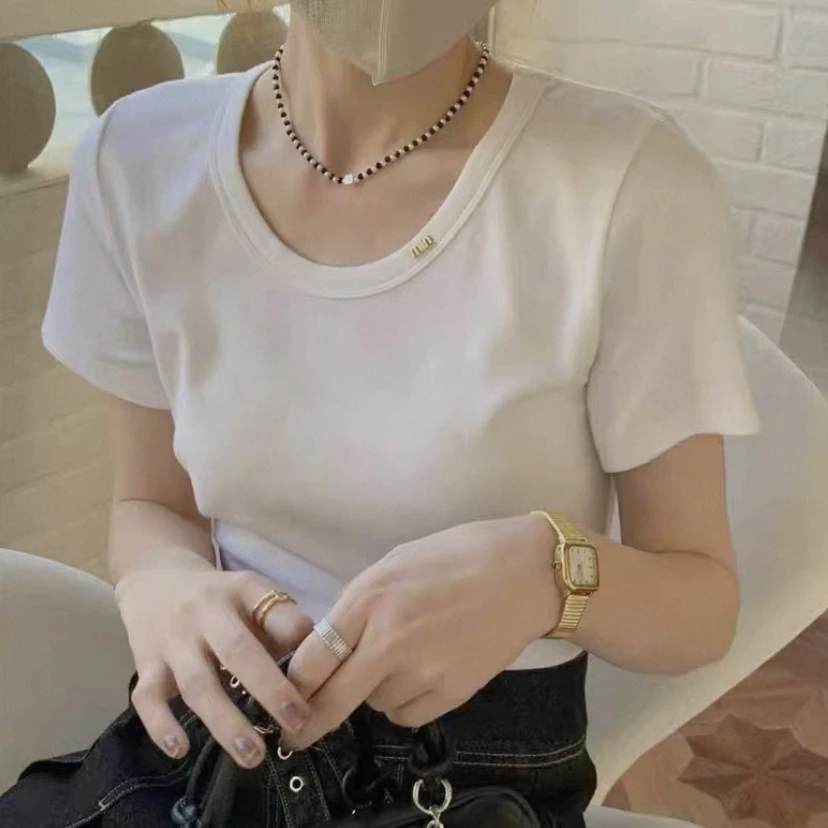 海卓~min夏季韩版U领简约百搭金属小标弹力打底上衣短袖T恤