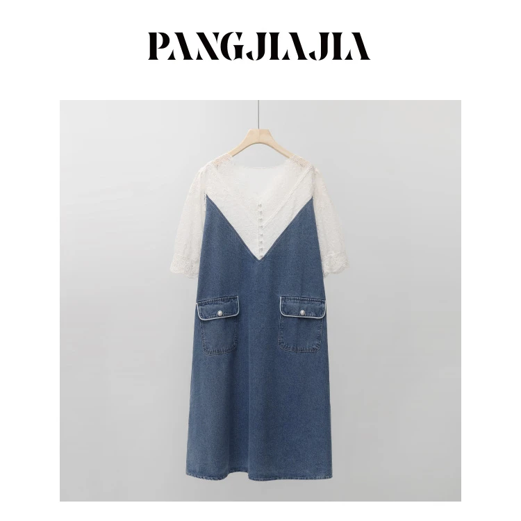 【胖佳佳】花开半夏 牛仔拼接蕾丝连衣裙夏季短袖长裙HZ346376