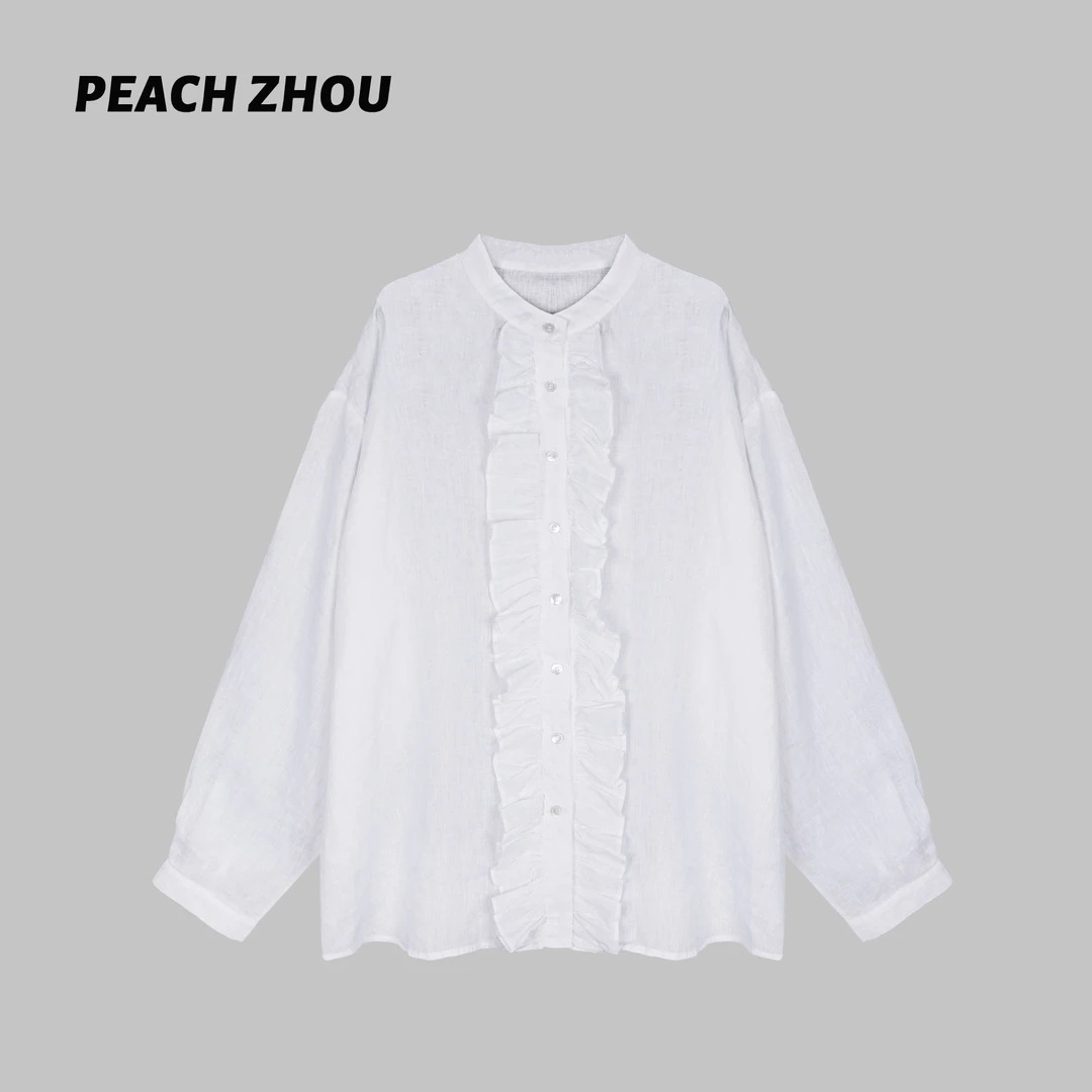 『PEACHZHOU』木耳花边100亚麻肌理感法式气质优雅宽松立领长袖衬衫