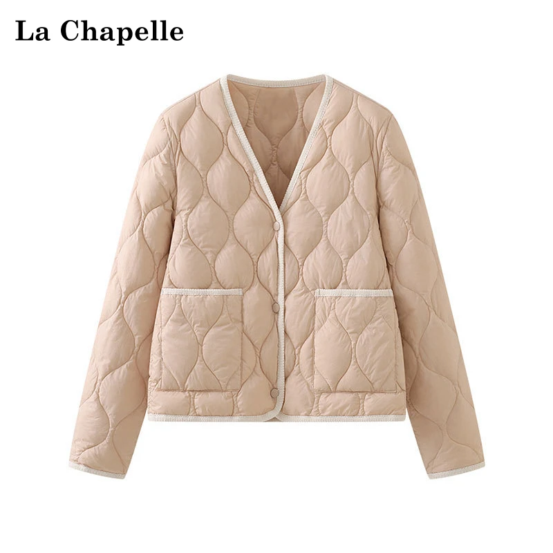 拉夏贝尔春新款撞色边轻薄菱格V领羽绒服女保暖外套高级时尚洋气