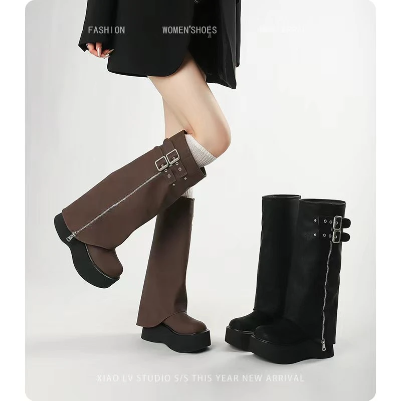 骑士靴女2025秋冬大筒围粗腿长筒靴胖mm厚底长靴裤管靴女大码靴子