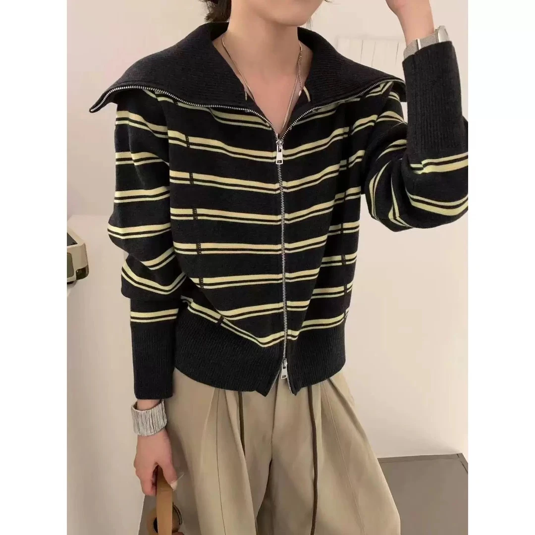 【MY SHAN】韩版秋新款撞色条纹大翻领双拉链显瘦长袖针织开衫2293