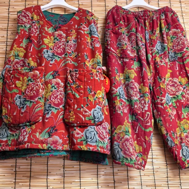 民族风牡丹夹棉长款马甲 裤子套装 宽松休闲百搭加厚保暖东北大花