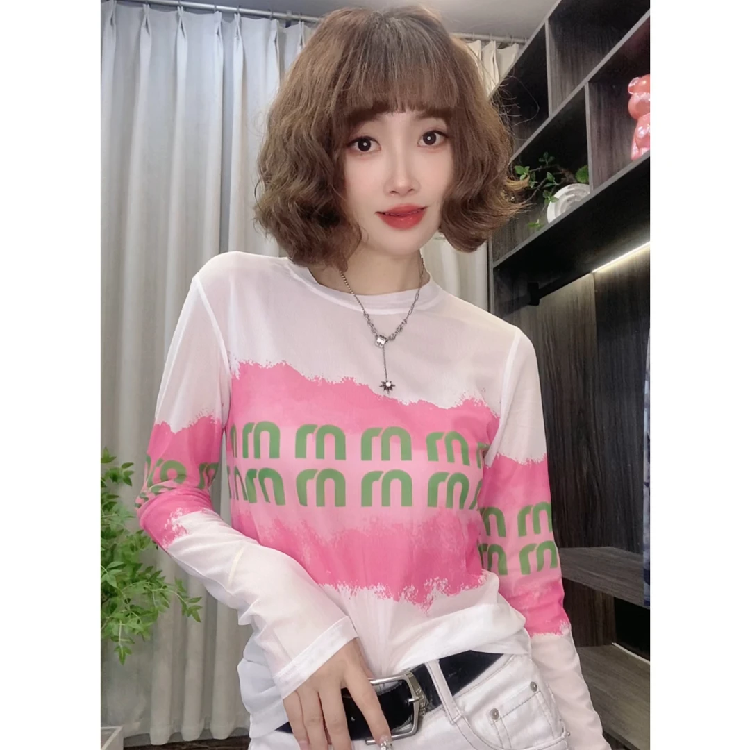 夏季薄款圆领网纱T恤修身显瘦时尚百搭防晒穿搭