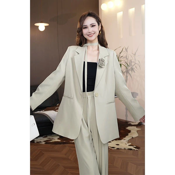 【YINGZI】2025年新款早春季玫瑰花系带西装外套女长裤西裤西服