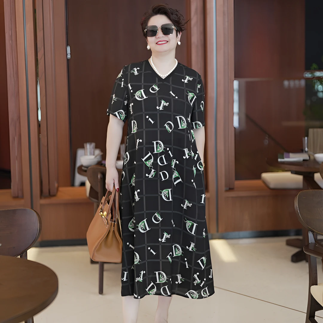 2025夏季新款时尚D字图腾墨韵格间奢雅大码连衣裙0507